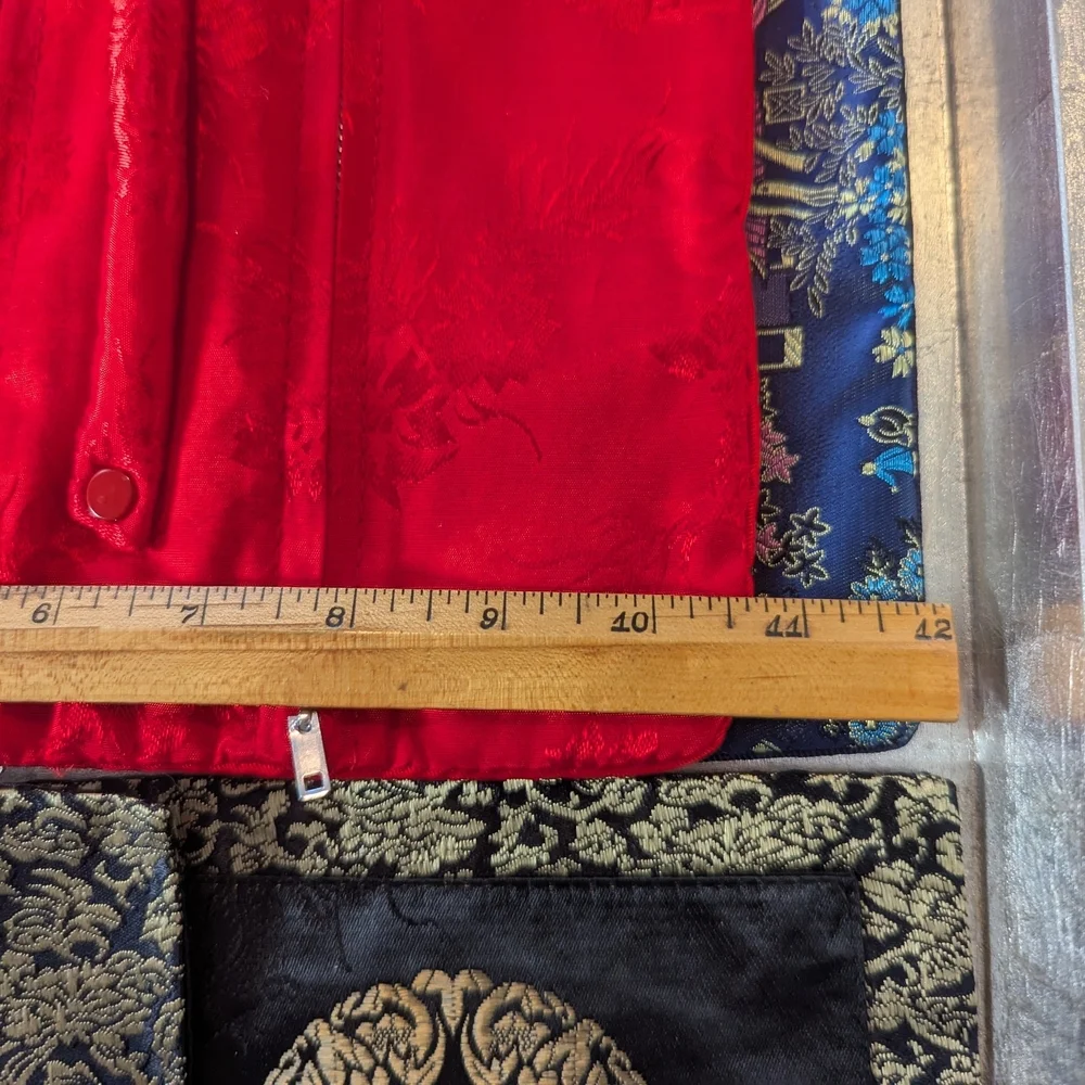 Asian 3 Silky Jewelry Travel Pouches Set Tie String Embroidery